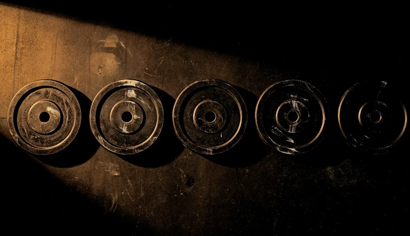 Five iron weight plates in precise formation — the 5x5 code