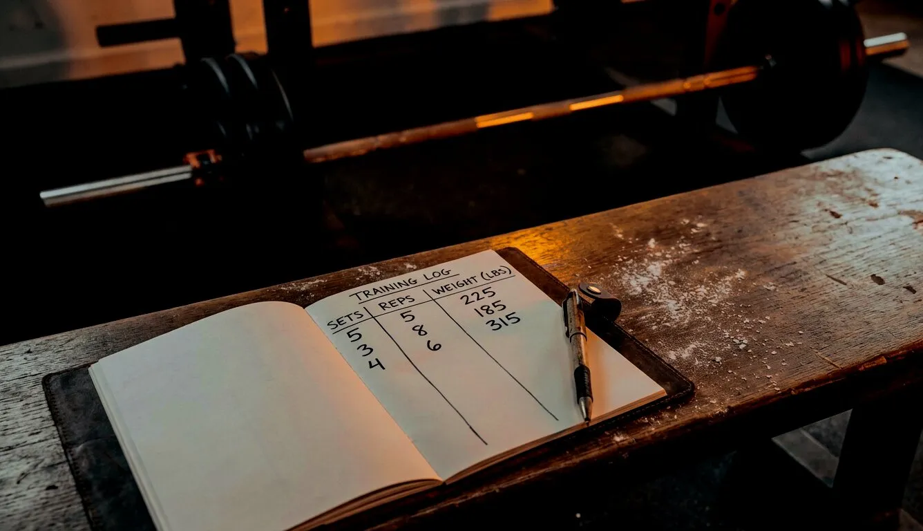 Training log with sets, reps, and weights on a gym bench beside a loaded barbell
