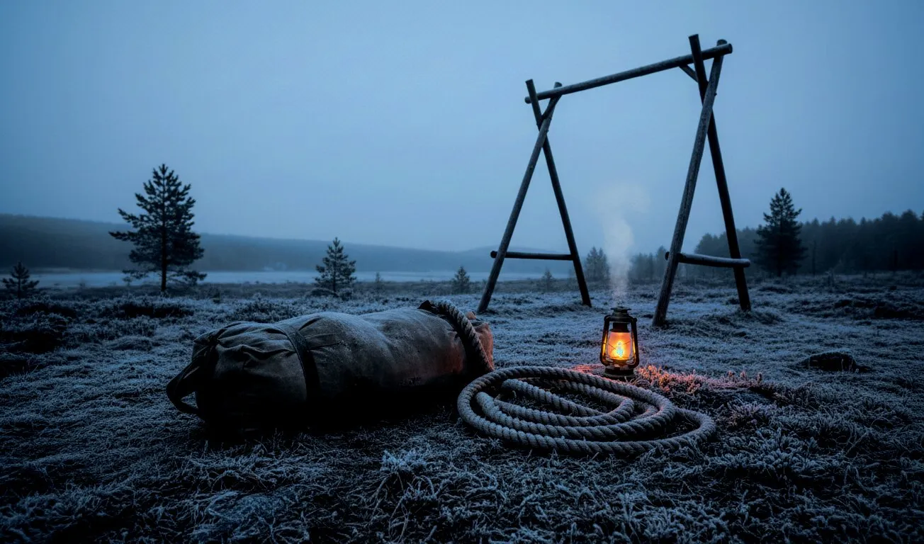 Sandbag and rope on frozen Nordic ground with lantern — Scandinavian outdoor training
